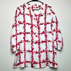 Grid Floral Print Long Sleeve V-Neck Button Up Top